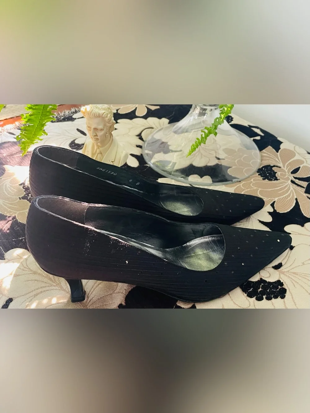 Stuart Weitzman Black Pointed Toe Embellished Kitten Heels